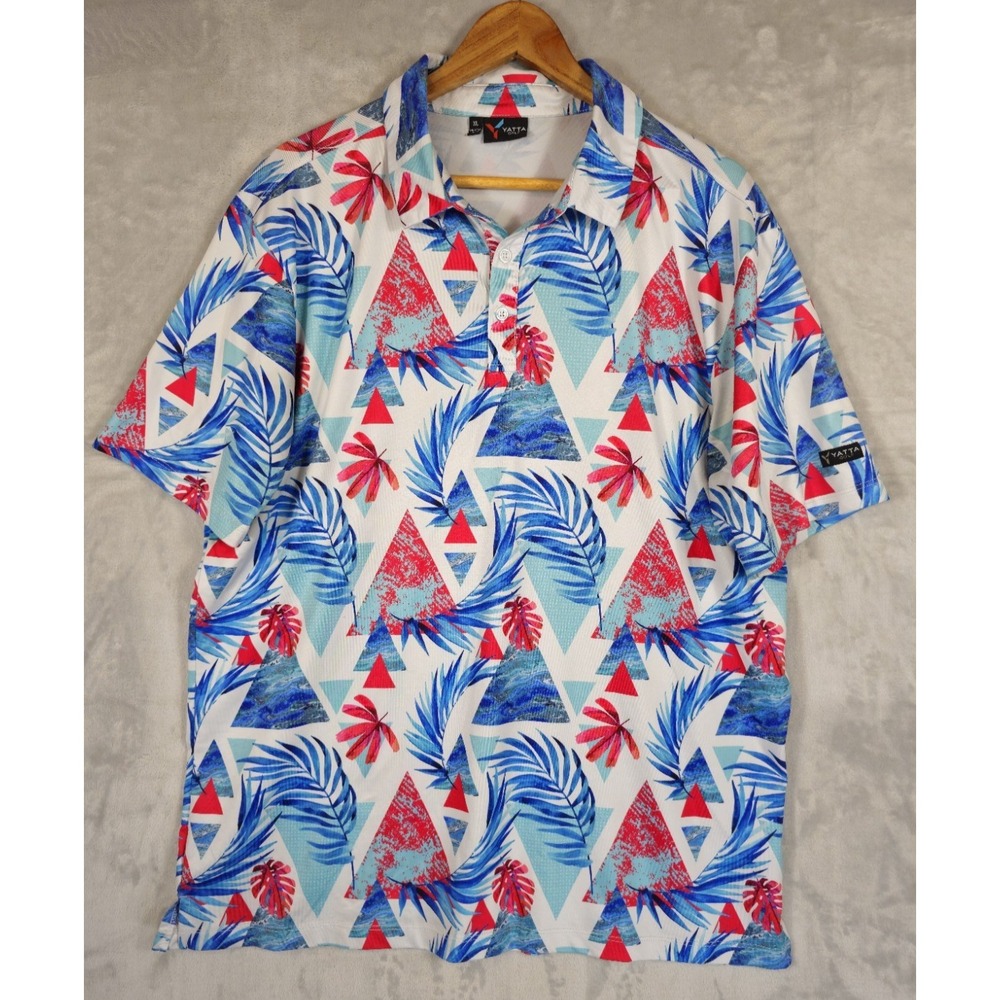 Yatta‎ Golf Blue Hawaiian Floral Short Sleeve Stretch Polo Shirt Mens XL Perform